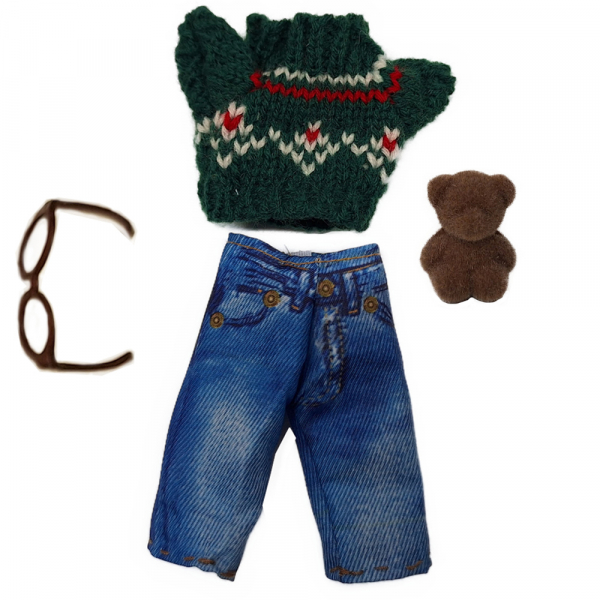 Kleinkinderbekleidung - Strickpulli, Hose/Rock, Brille, Teddybär